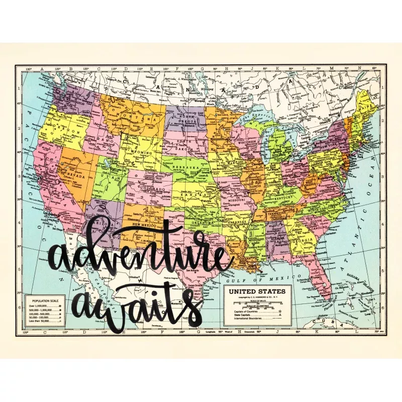 1944 Vintage US Map Print