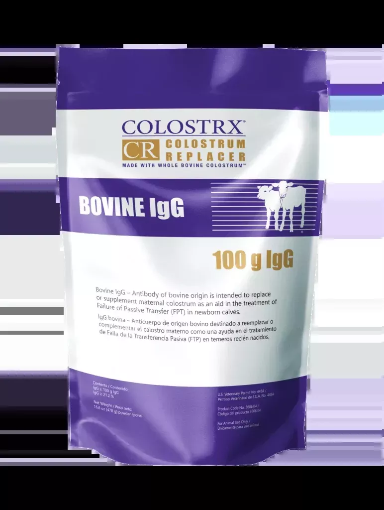 Colostrx CR provides 100g IgG to replace maternal colostrum.