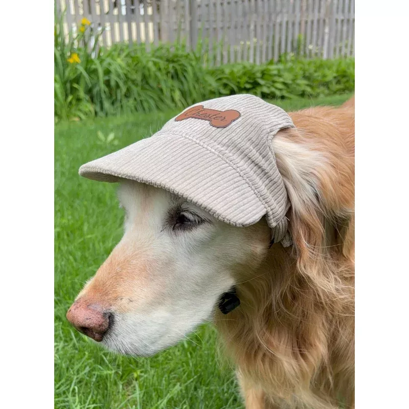 Custom Corduroy Dog Hat with Leatherette Patch Beige