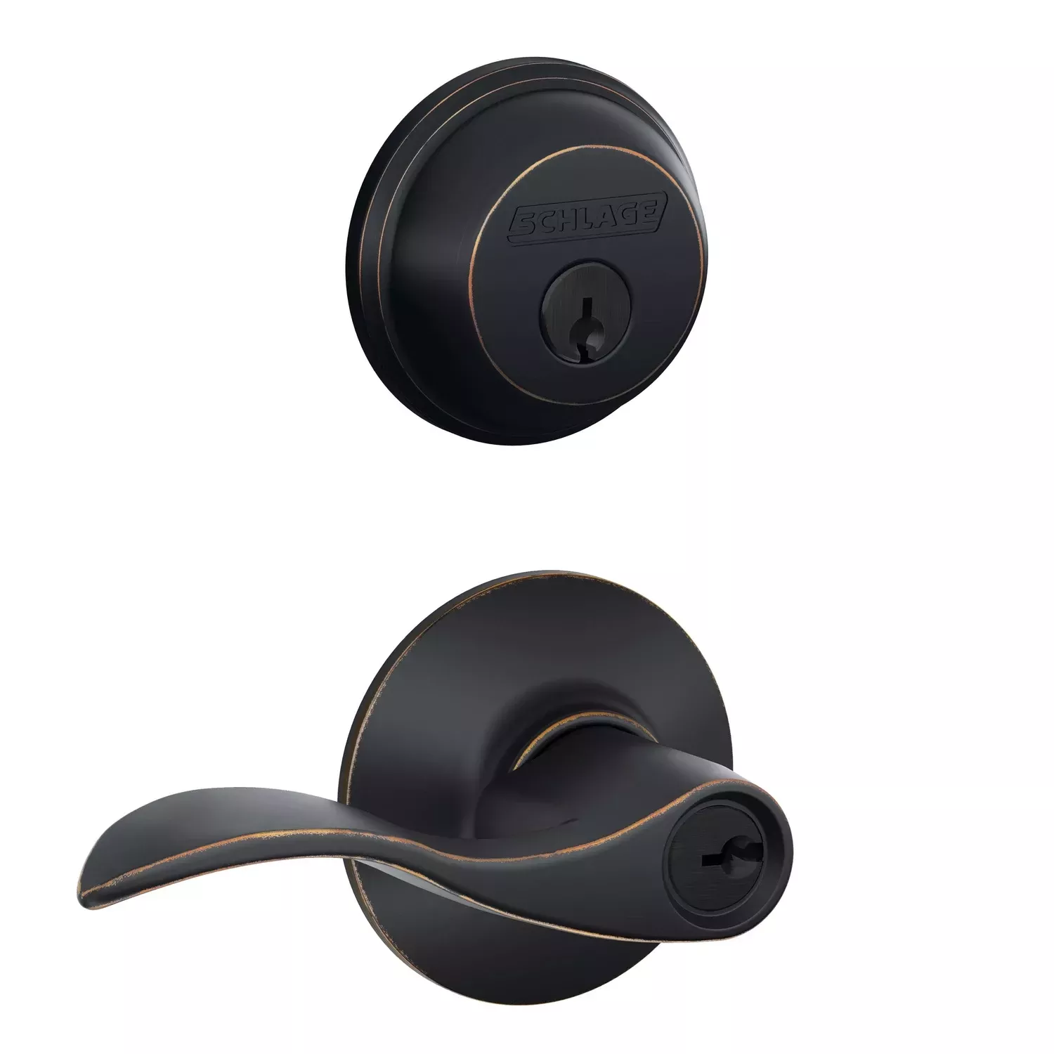 Deadbolt + Keyed Accent Entry Lever Lock, Aged Bronze