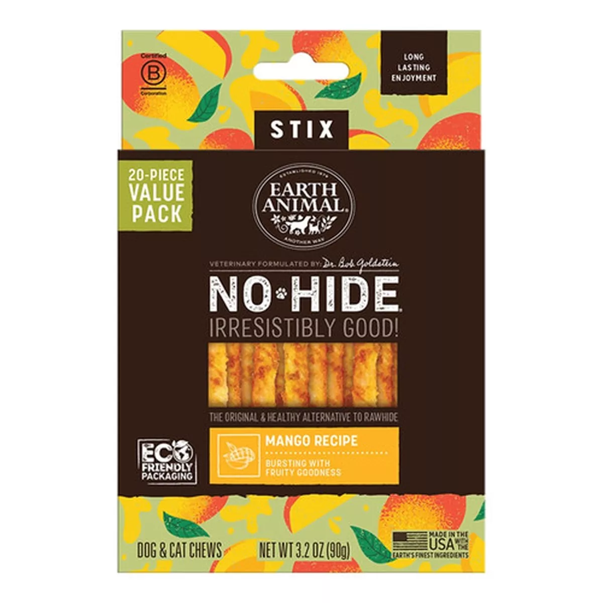 Earth Animal No-Hide Dog Stix, Mango, 20 Pack