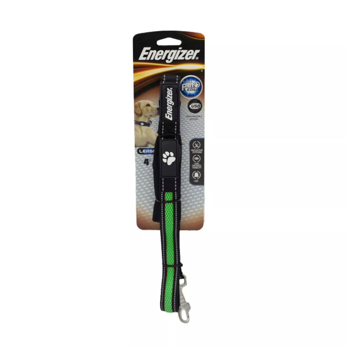 Energizer Pets USB LED Lighting Dog Leash, Green, 4-ft