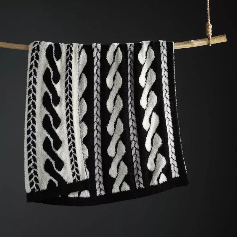 Faux Mink Cable Knit Throw Blanket Black