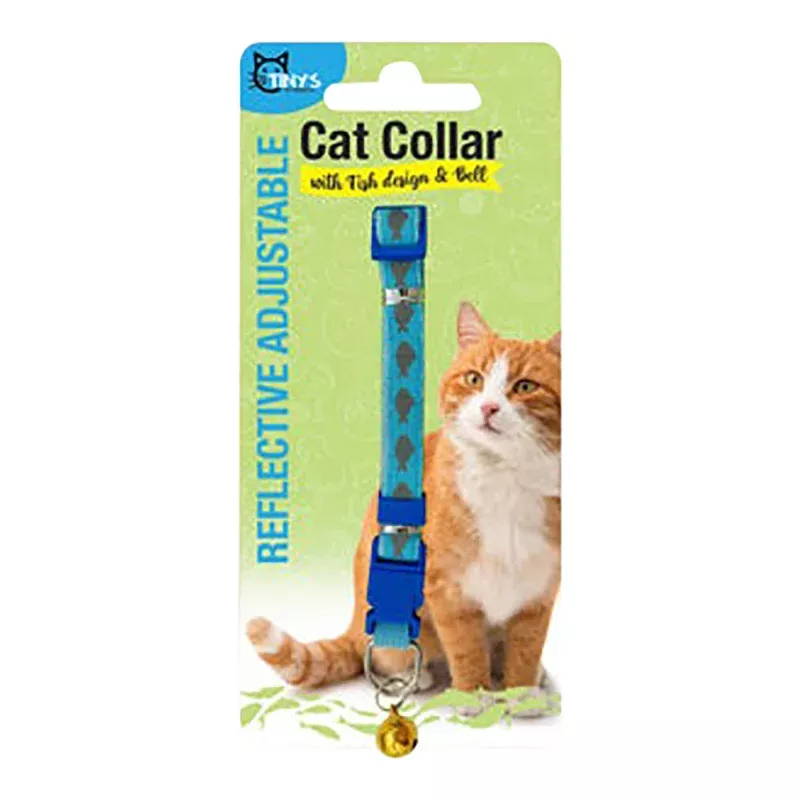 Reflective Adjustable Cat Collar with Fish Design and Bell, Assorted Colors, 7-11"L Assorted