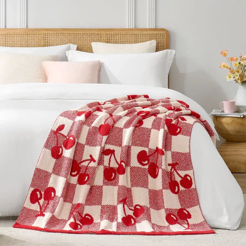 Reversible Checkered With Red Cherry Throw Blanket Red Cherry