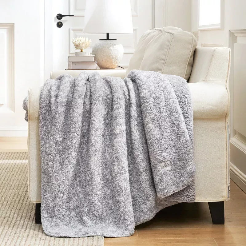Reversible Sherpa Molted Throw Blanket Mottled Beige