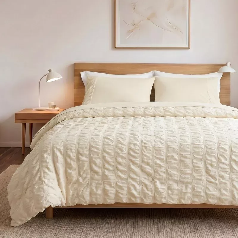 Seersucker Plaid Cooling Comforter Beige