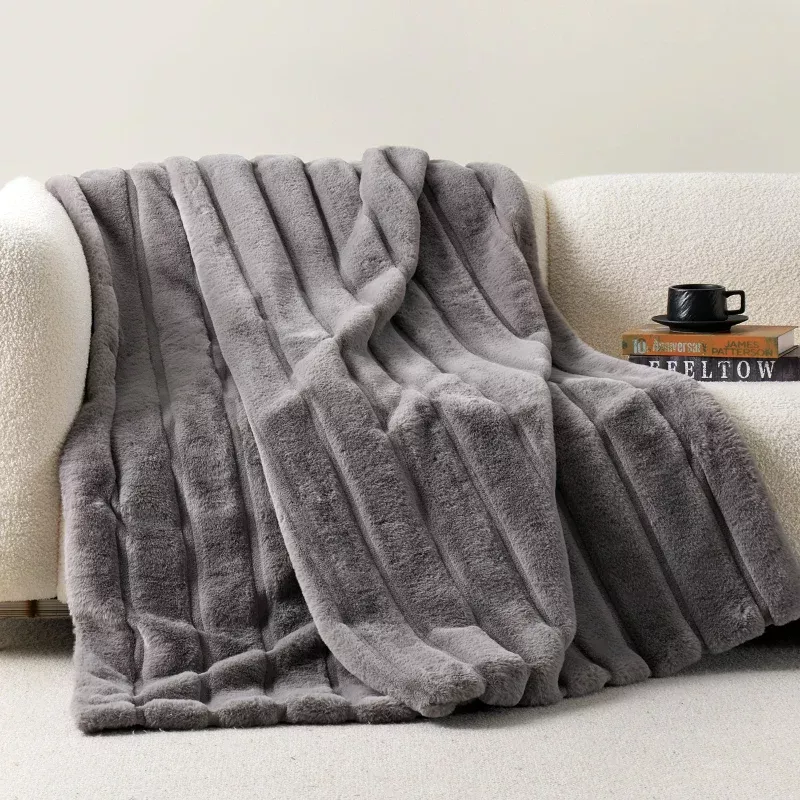 Sheared Faux Fur Throw Blanket Grey