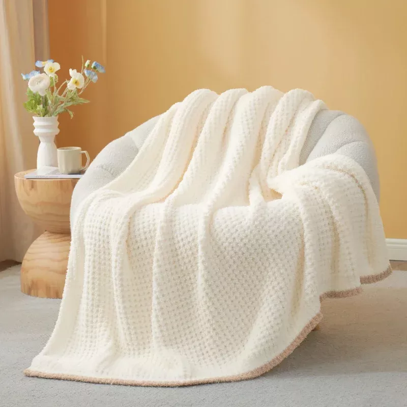 Soft Waffle Feather Yarn Throw Blanket Cream White