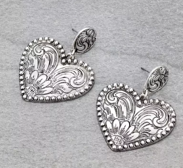 Western Heart Etched Stud Earrings