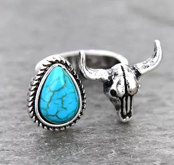 Western Steer Skull Stone Cuff Ring